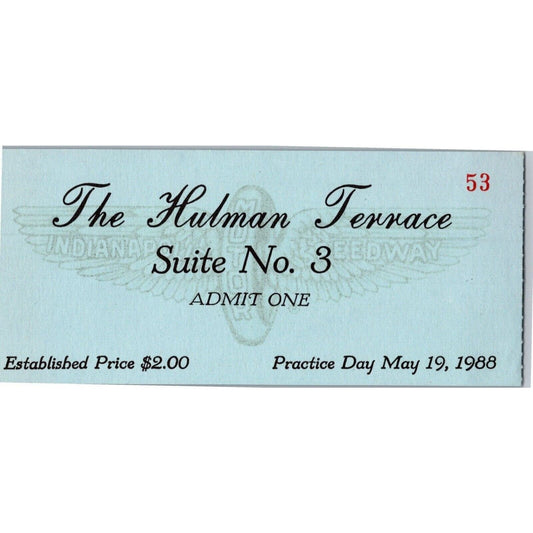 1988 Indy 500 VIP Hulman Terrace Practice Day Ticket Stub Indianapolis IMS #53