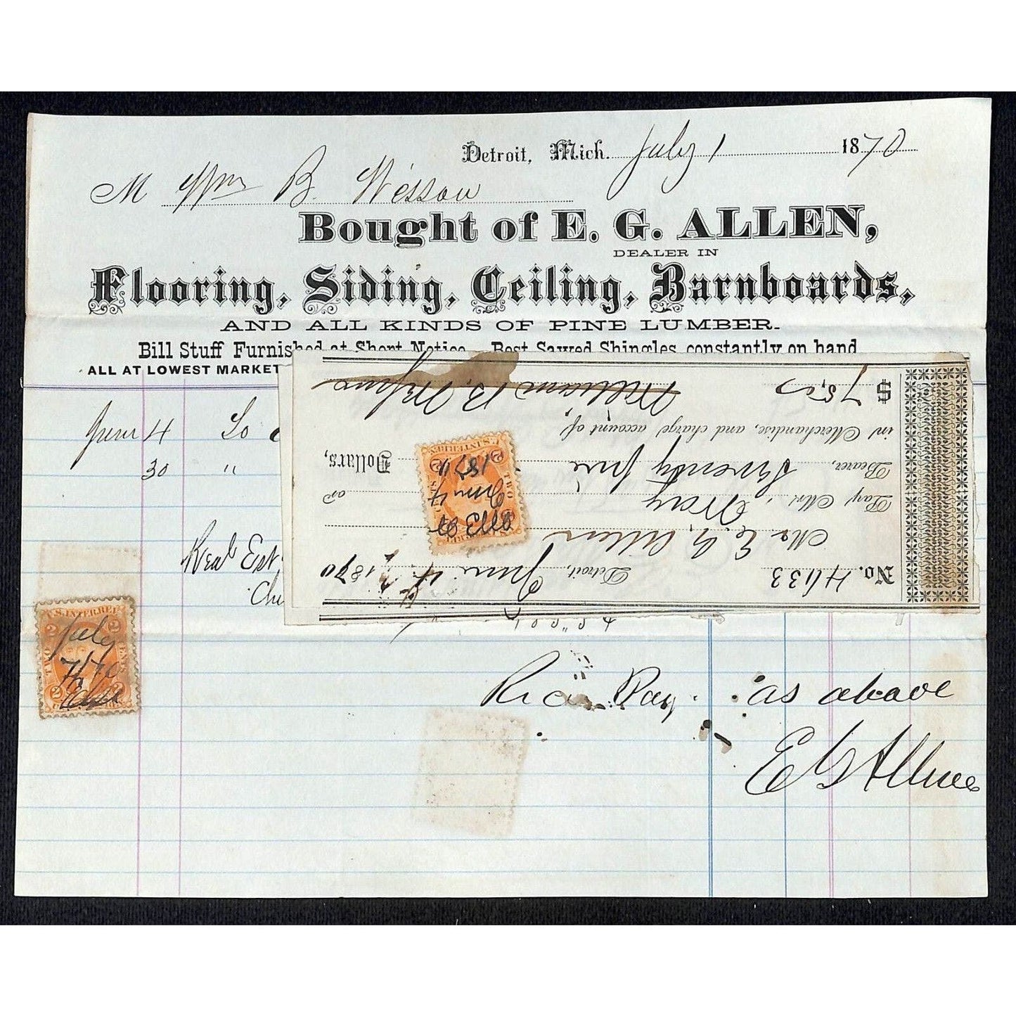 Detroit Letterhead E.G. Allen Flooring Siding Barnboards 1870 w/ 3 Rev Stamps