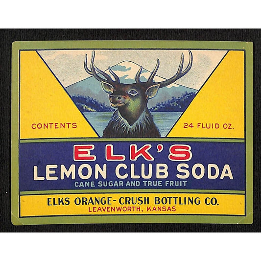 Elk's Lemon Club Soda Paper Label Orange-Crush Bottling Leavenworth, KS c1930's