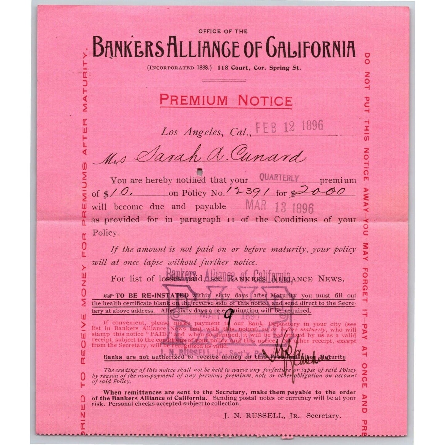 1896 Ex Civil War Soldier Document - Bankers Alliance Life Ins. Premium Notice