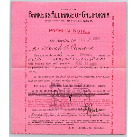 1896 Ex Civil War Soldier Document - Bankers Alliance Life Ins. Premium Notice