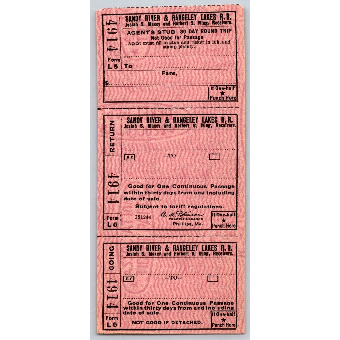 Sandy River & Rangeley Lakes Railroad Unused Write-in Ticket #4914 VGC Scarce