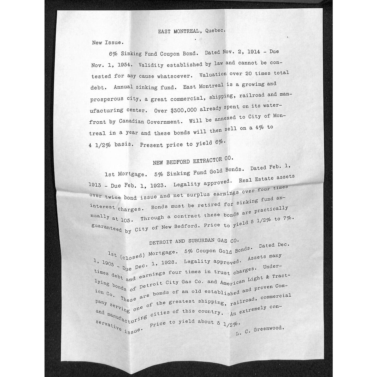 Newburgh ME Amos W. Knowlton* 1915 LC Greenwood Investments Bond Offering Sheets