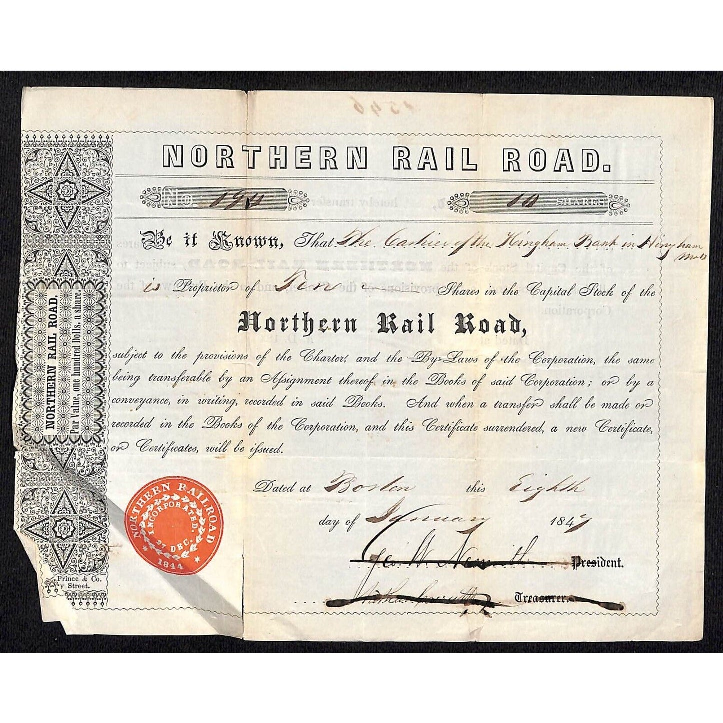 1847 Boston MA Northern Railroad Stock Certificate No. 194 for 10 Shares
