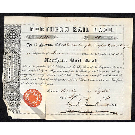 1847 Boston MA Northern Railroad Stock Certificate No. 194 for 10 Shares