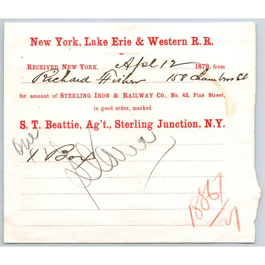 New York, Lake Erie & Western 1879 Railroad Billhead Richard Fisher 158 Chambers