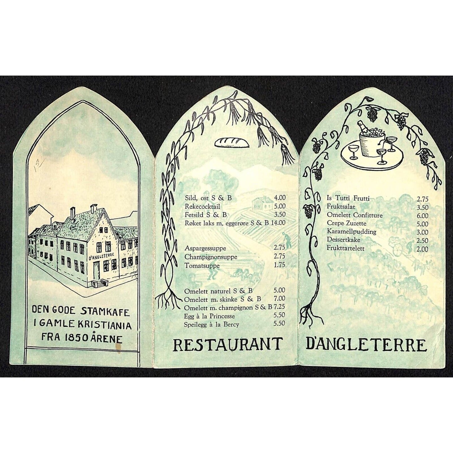 "Restaurant D'Angleterre" Die Cut 3-Panel French Menu c1960's-70's ?