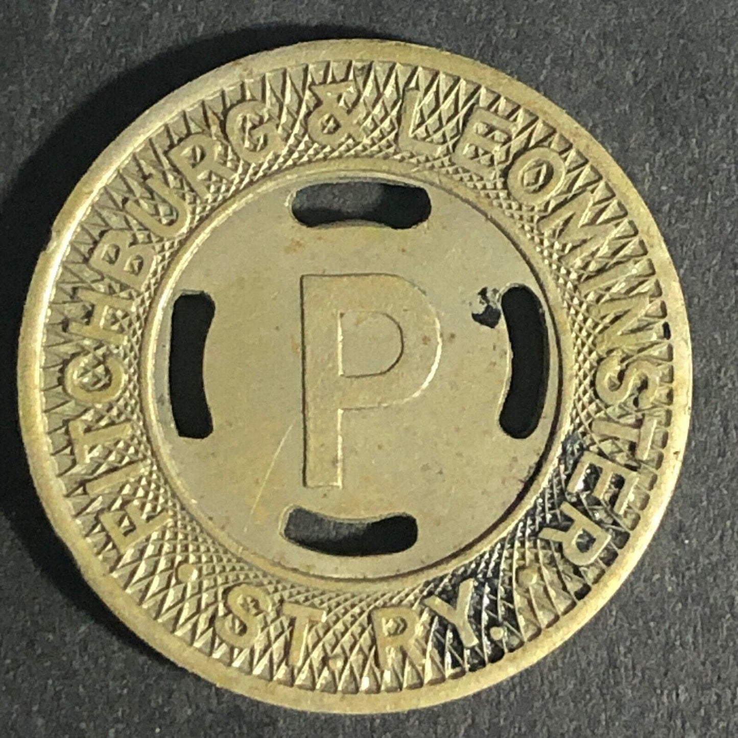 Fitchburg & Leominster (MA) "P" G/F One Pupil's Fare Brass Transit Token 22mm
