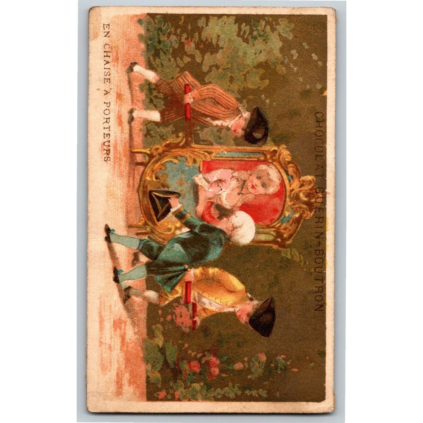 French Victorian Trade Card Chocolat Guerin-Boutron - En Chaise A Porteurs