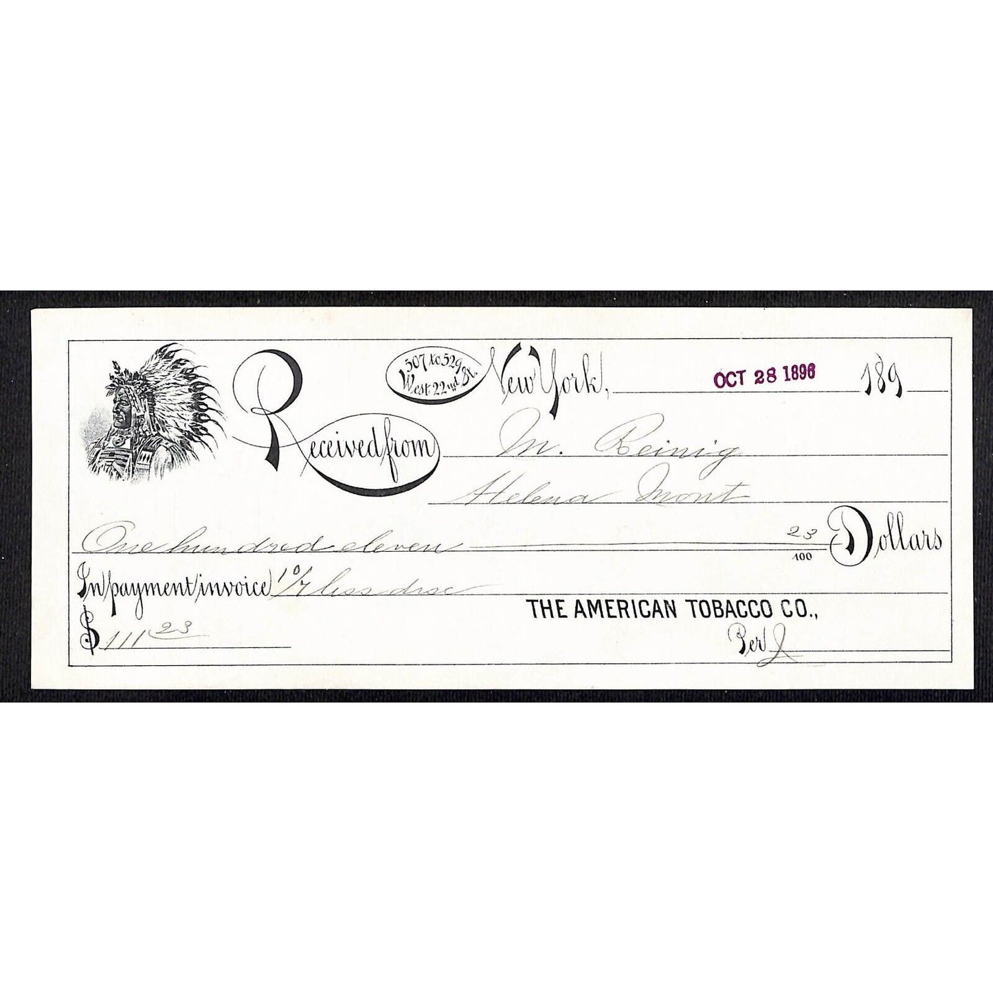 American Tobacco Co. W. 22nd St. NYC Bank Check 1896 Native American Headdress