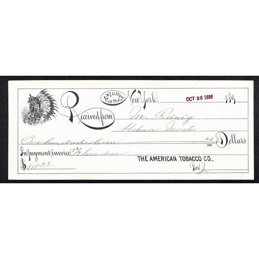 American Tobacco Co. W. 22nd St. NYC Bank Check 1896 Native American Headdress