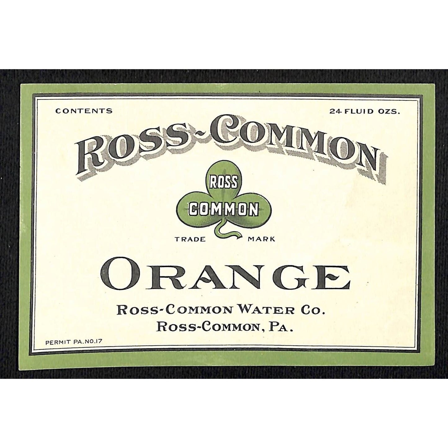 Ross-Common Orange Soda Paper Label 3 Leaf Clover PA c1927-30's