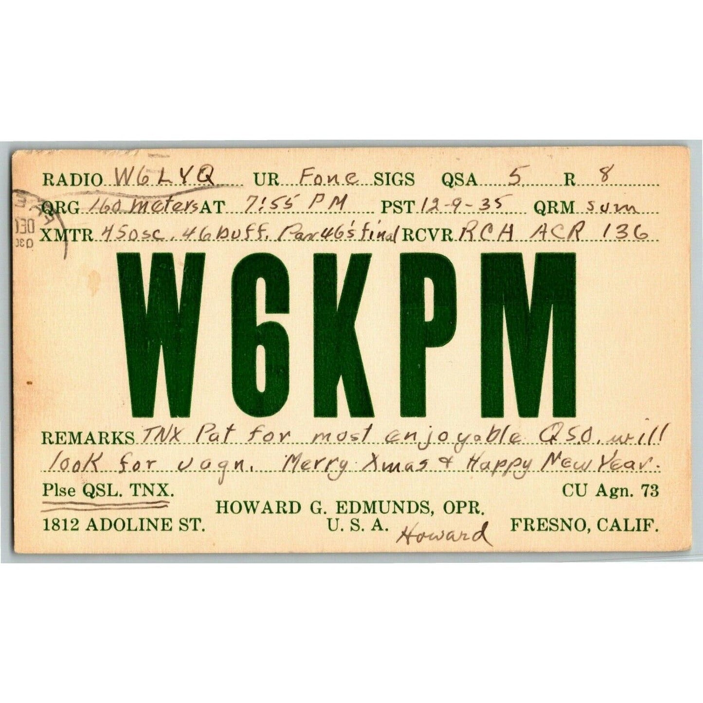 1935 Amateur / Ham Radio QSL Card Postcard - W6KPM - Fresno, California