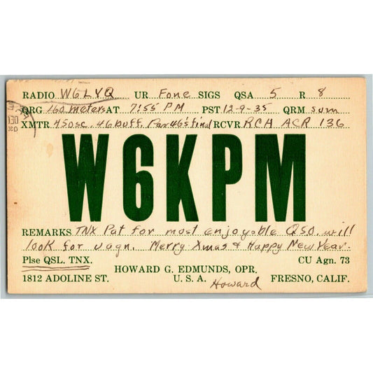 1935 Amateur / Ham Radio QSL Card Postcard - W6KPM - Fresno, California
