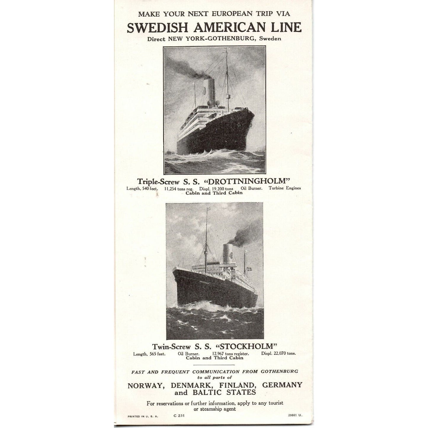 c1927 Swedish American Line "Gripsholm" Cruise Line Single Sheet Brochure VGC