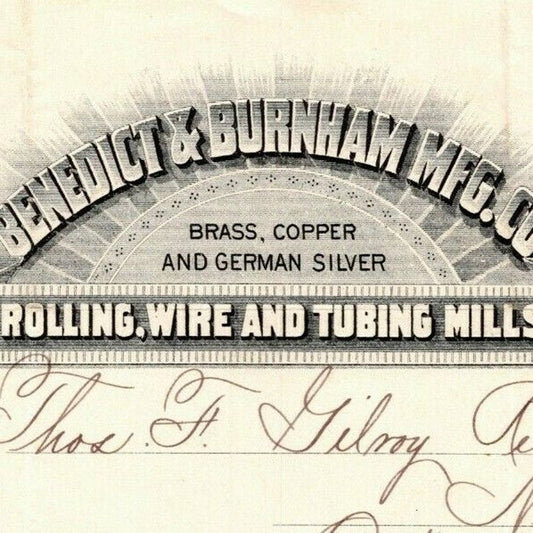 1887 "Benedict & Burnham Mfg. Co" Wire & Copper Billhead Letterhead Waterbury CT