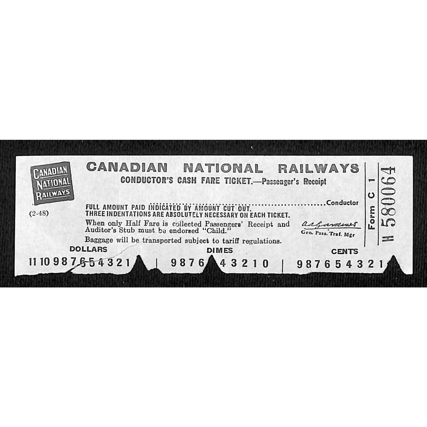 Canadian National Railways Railroad Cash Fare Ticket "Dollars Dimes Cents"