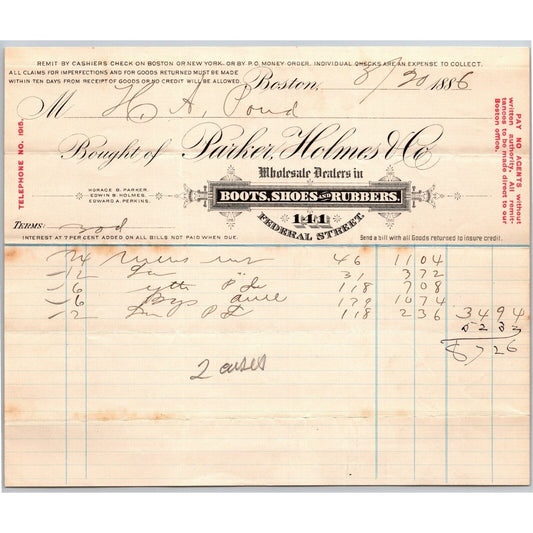 Boston, MA Federal St. Parker, Holmes & Co. Boots Shoes Rubbers 1886 Billhead