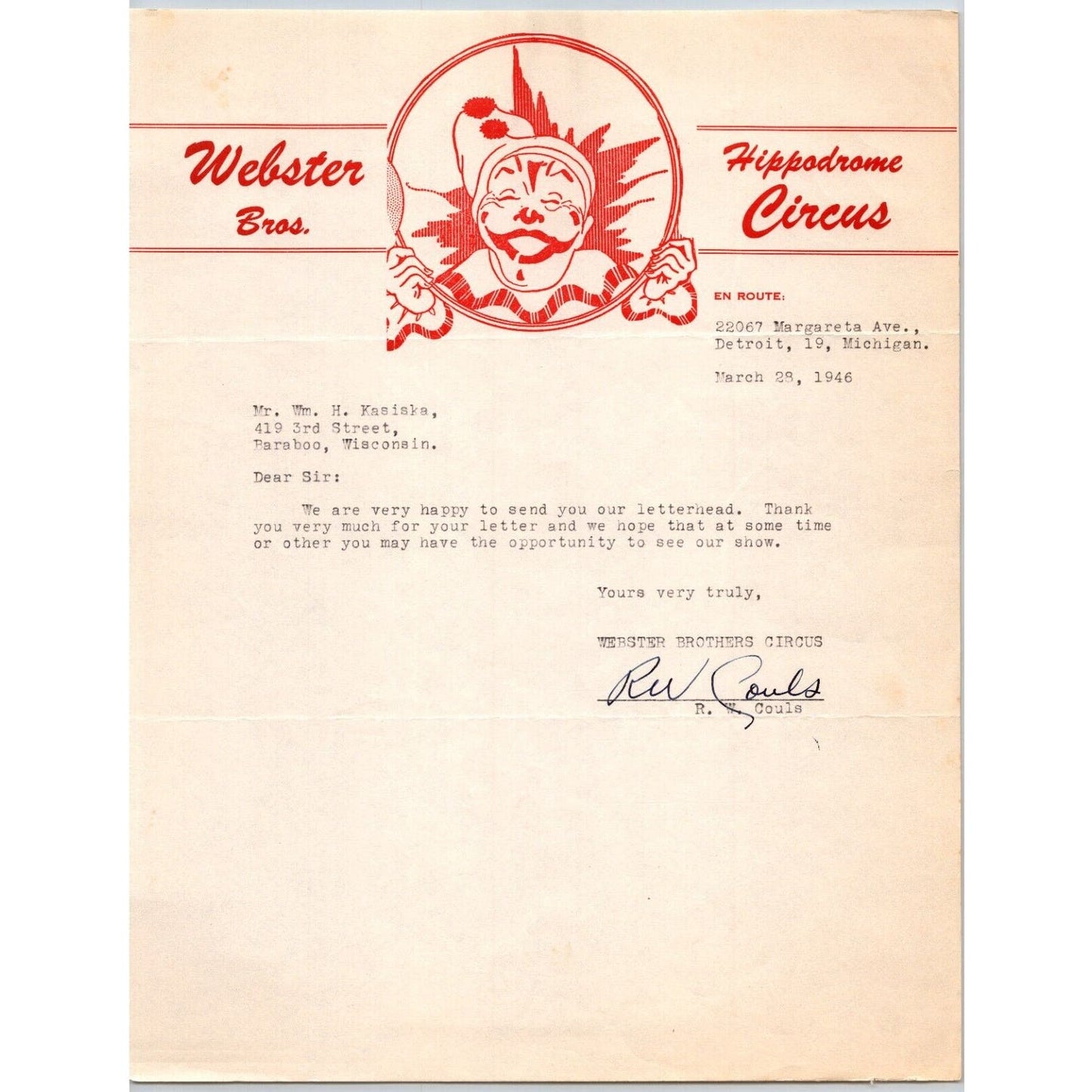 Webster Bros Hippodrome Circus Letterhead c1946 Clown Scarce