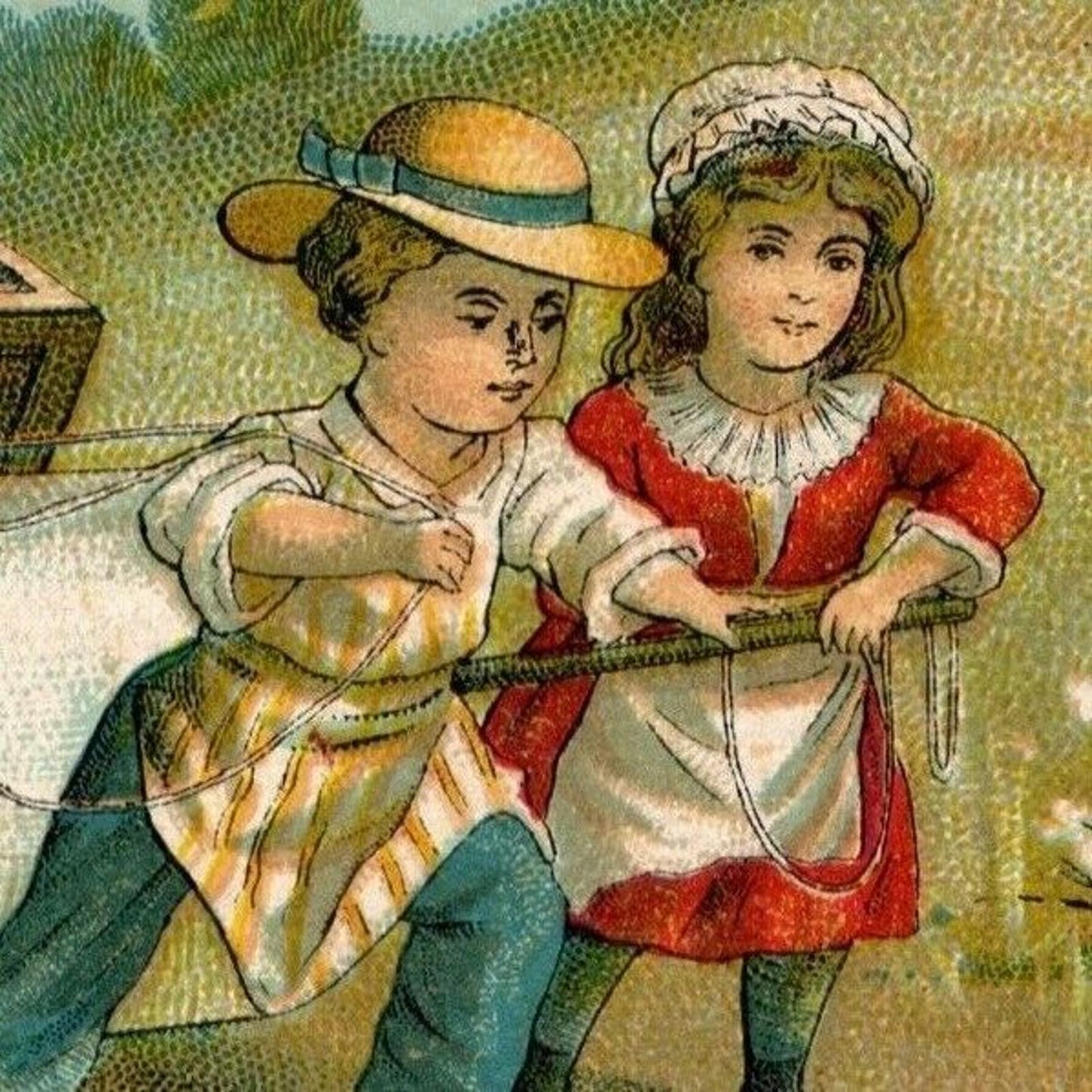 Victorian Trade Card J & P Coats Thread - Kids Pull Cart of Giant Spools