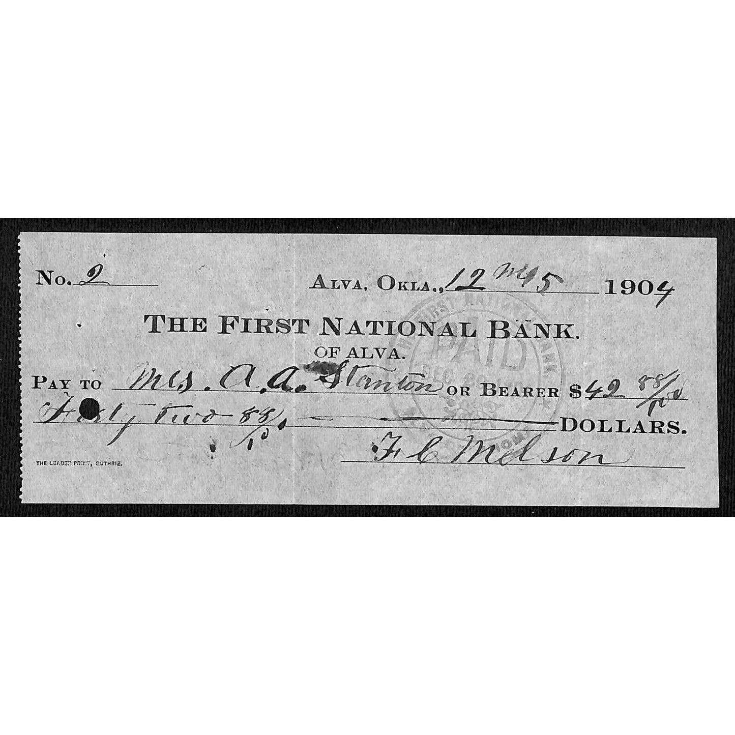 Alva, OK 1904 Territorial FNB Bank Check - Scarce