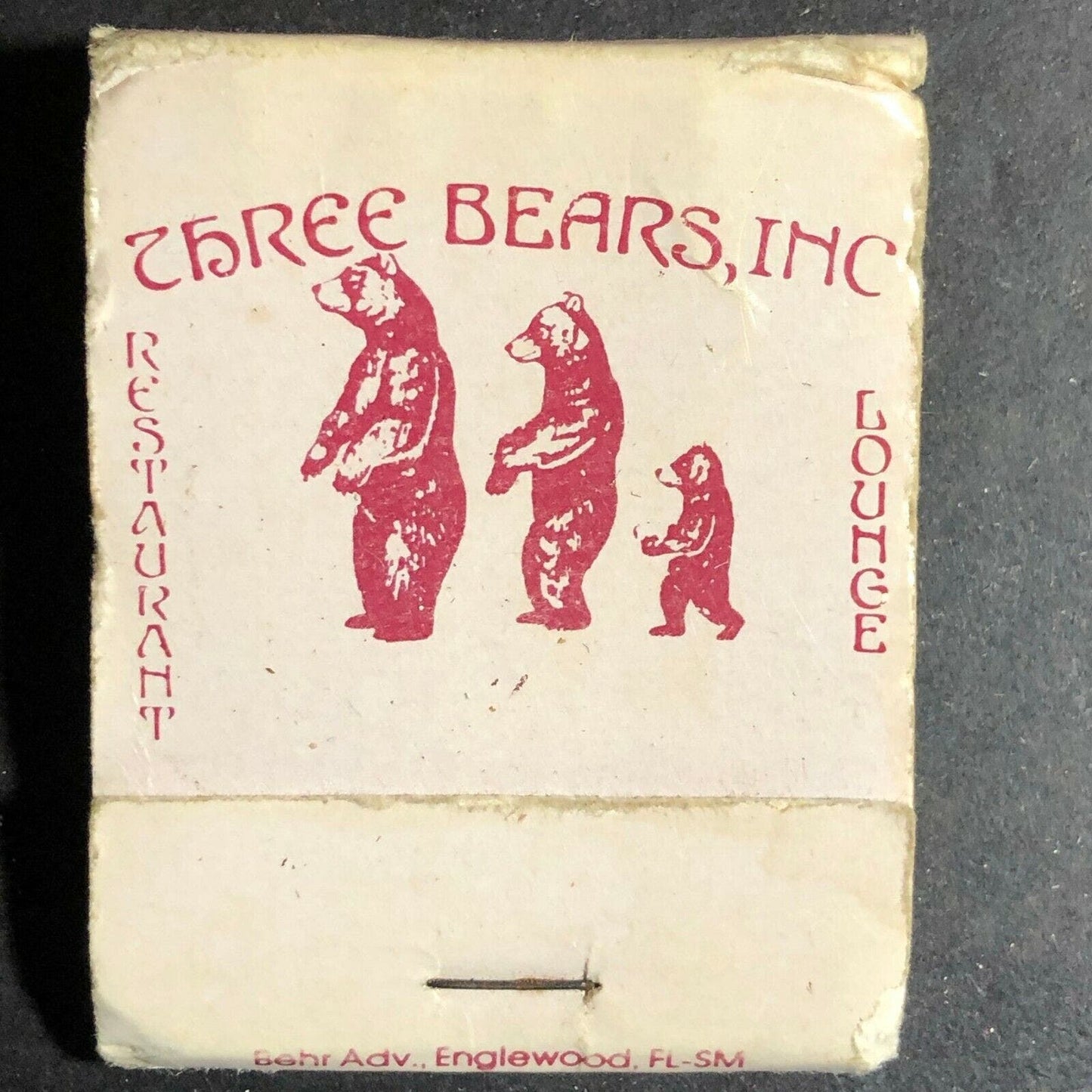 Vintage 1980's Full Matchbook - Three Bears Restaurant (Englewood, FL)