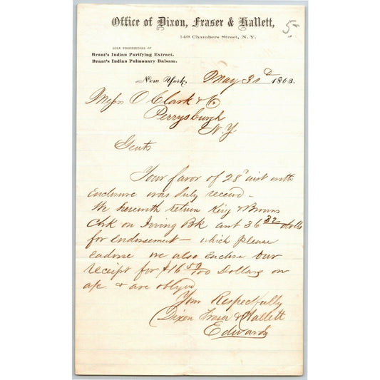 Dixon, Fraser & Hallett 1863 Letterhead Chambers St., NY Brant's Indian Extract