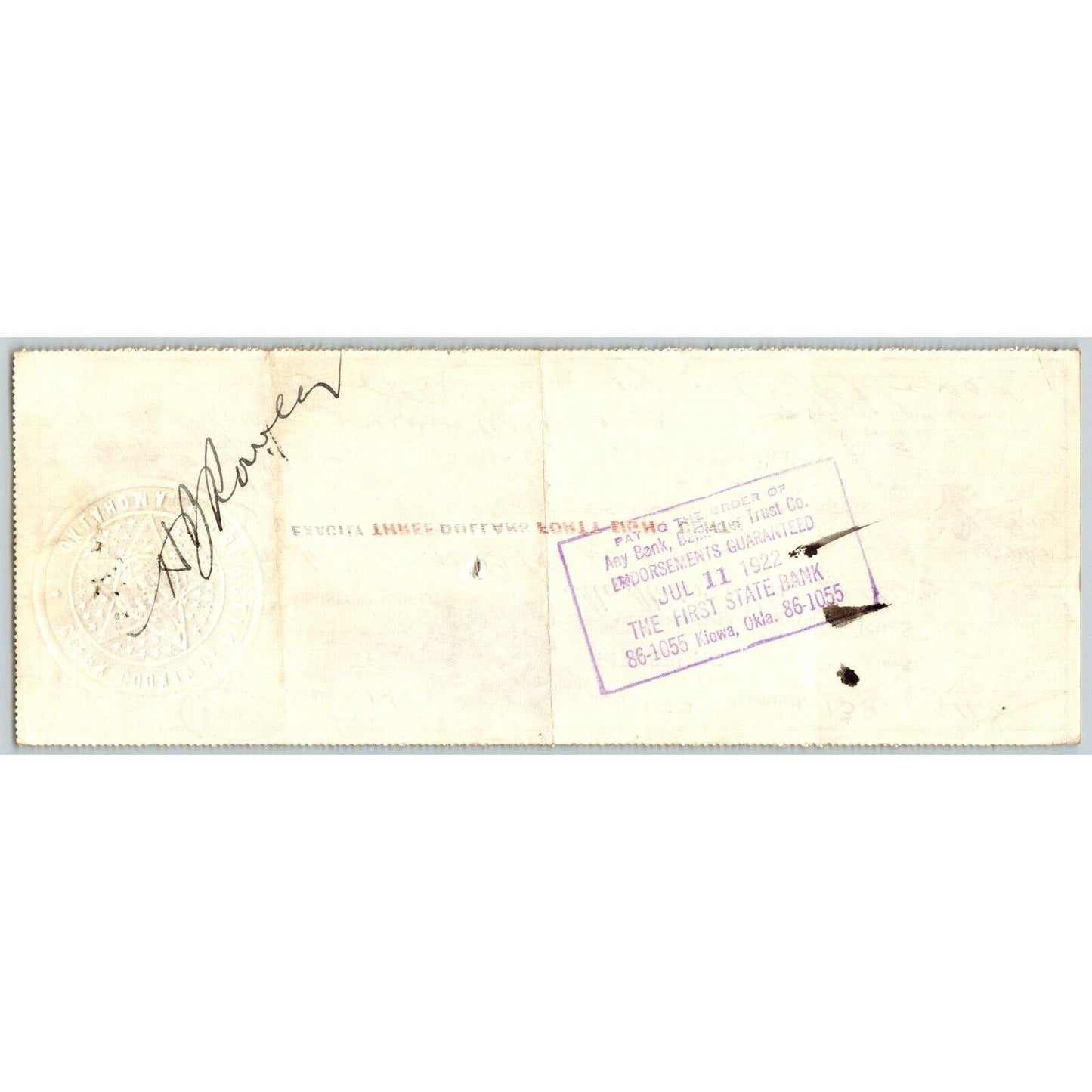 McAlester, Oklahoma 1921 County Treasurer Township Warrant $3.48 Scarce VGC