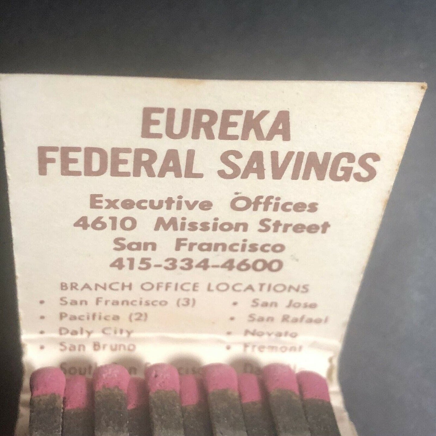 Scarce 70's-80's Full Matchbook "Eureka Federal Savings" San Francisco, CA