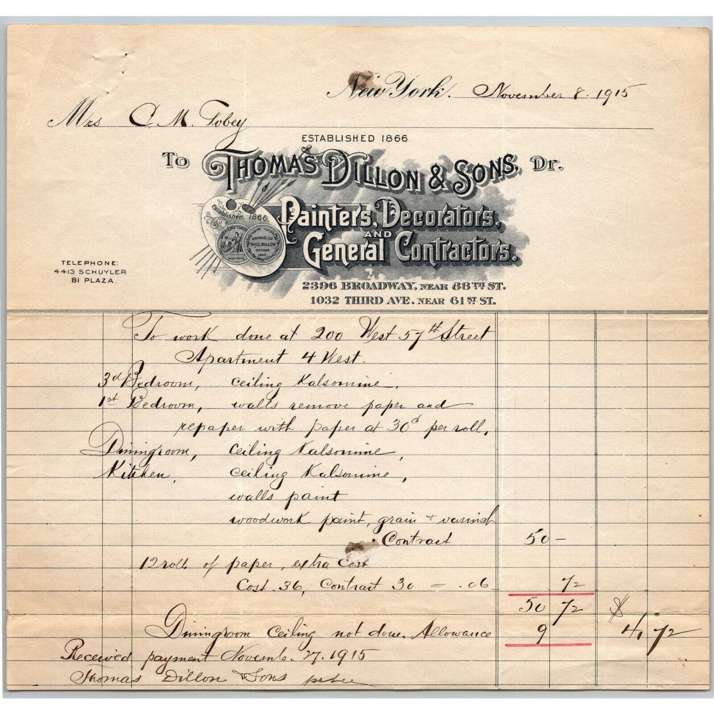 1915 "Thomas Dillon & Sons" General Contractors Billhead Letterhead 3rd Ave NYC