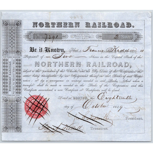 1849 Boston, MA Northern Railroad Stock Certificate No. 7391 for 2 Shares
