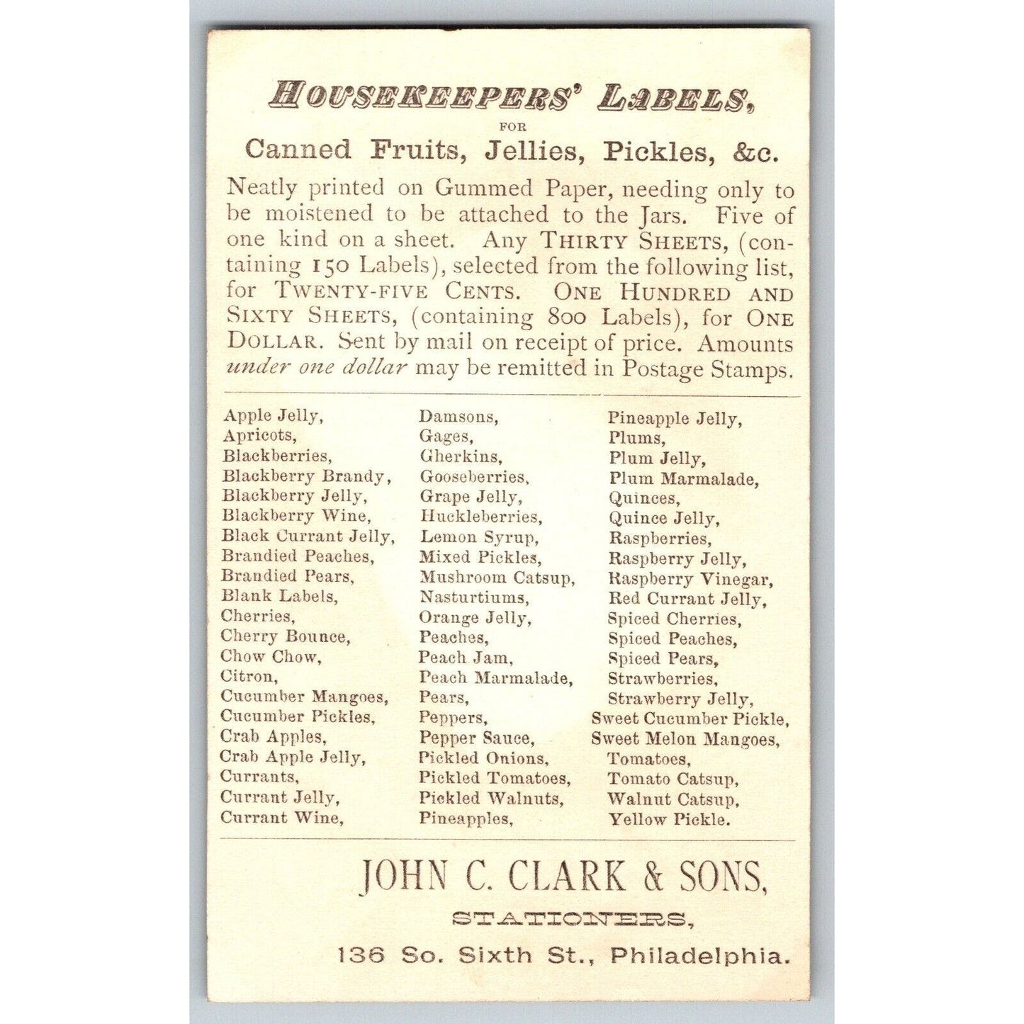 John C. Clark Philadelphia Housekeeping Labels Victorian Trade Card Preserves