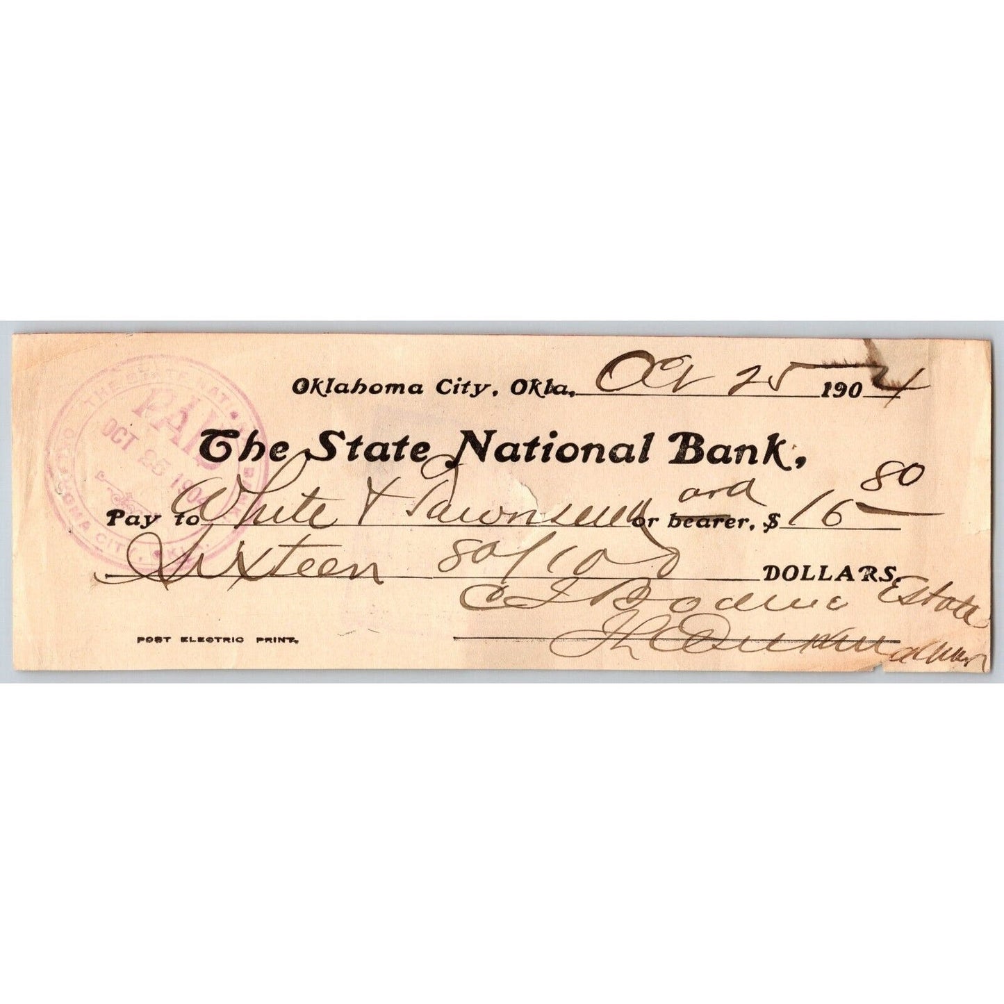 Oklahoma City Territorial "State National Bank" $16.80 Check