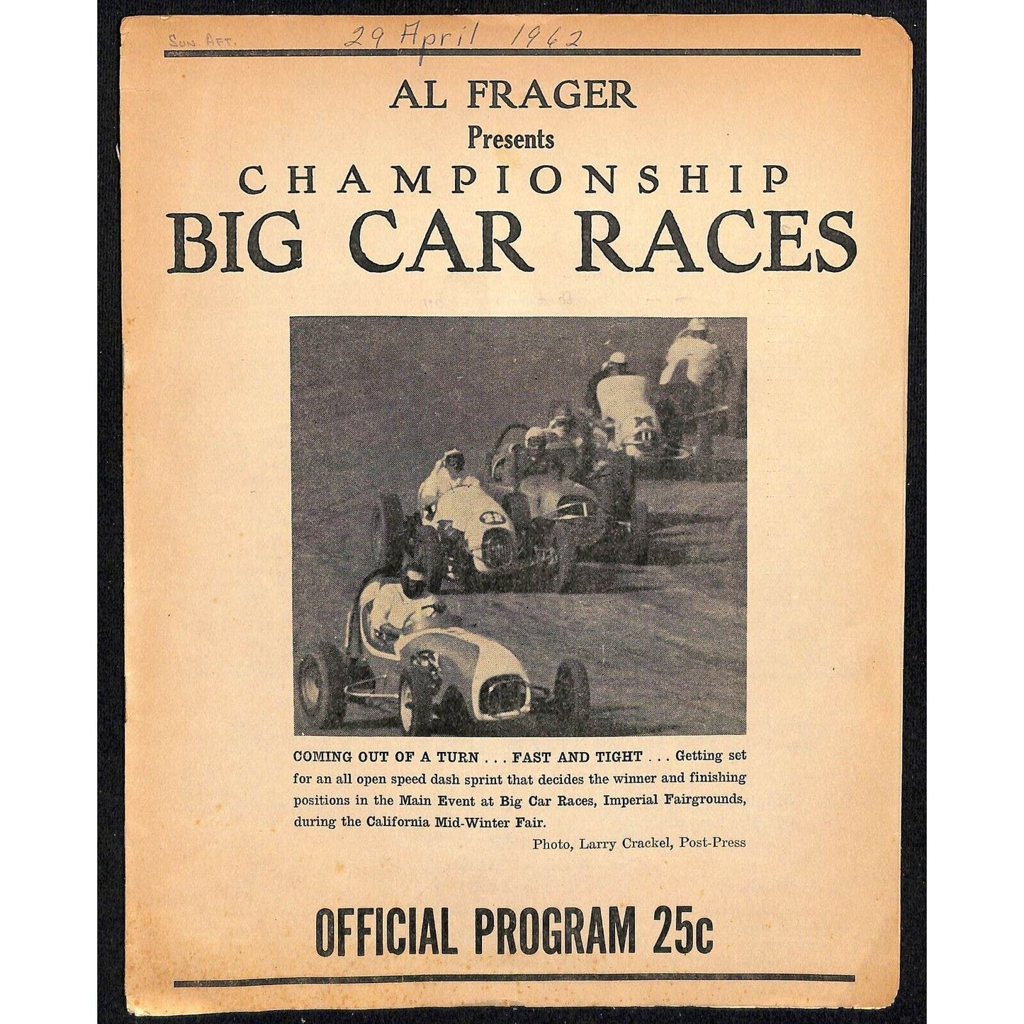Scarce Apr 29 1962 California Auto Racing CRA Program Big Car El Centro 8pp.