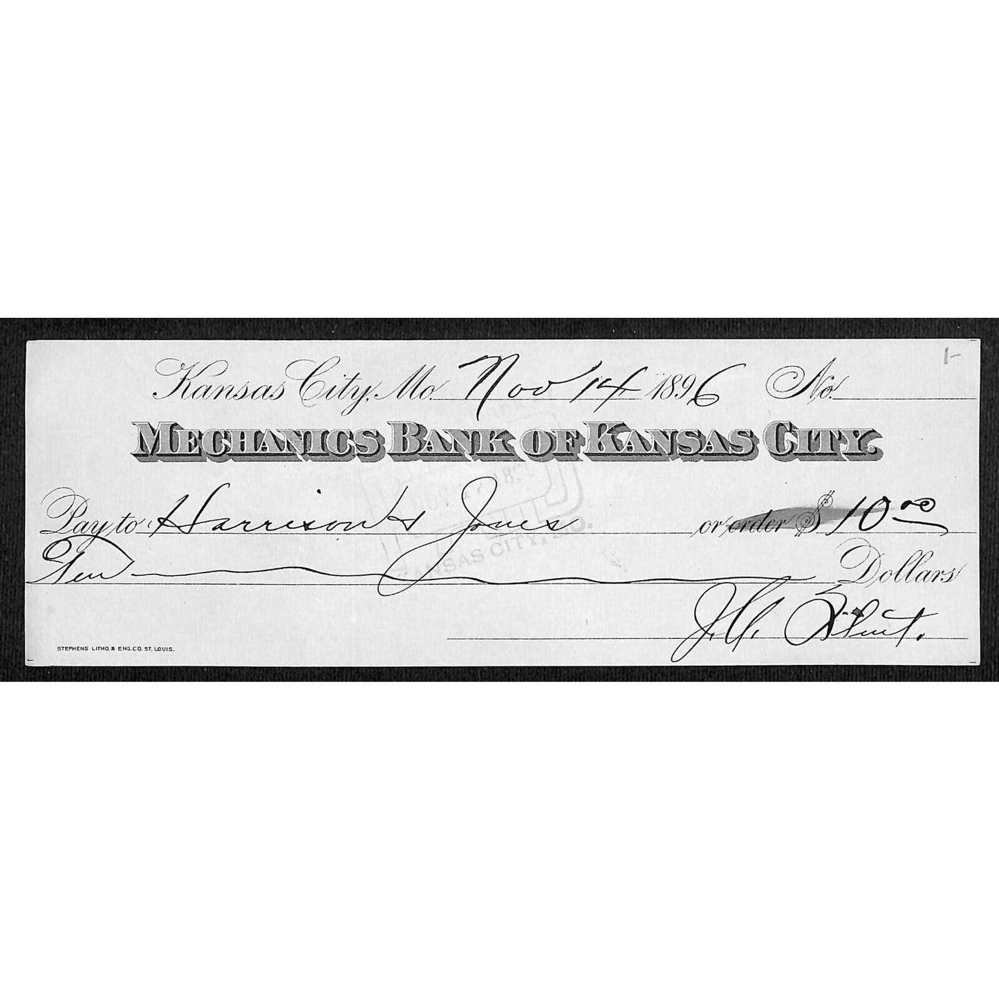 1896 Mechanics Bank of Kansas City, MO Bank Check