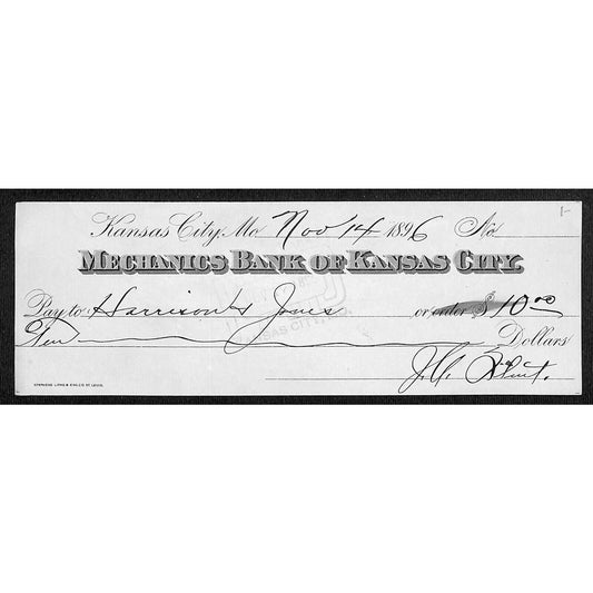 1896 Mechanics Bank of Kansas City, MO Bank Check