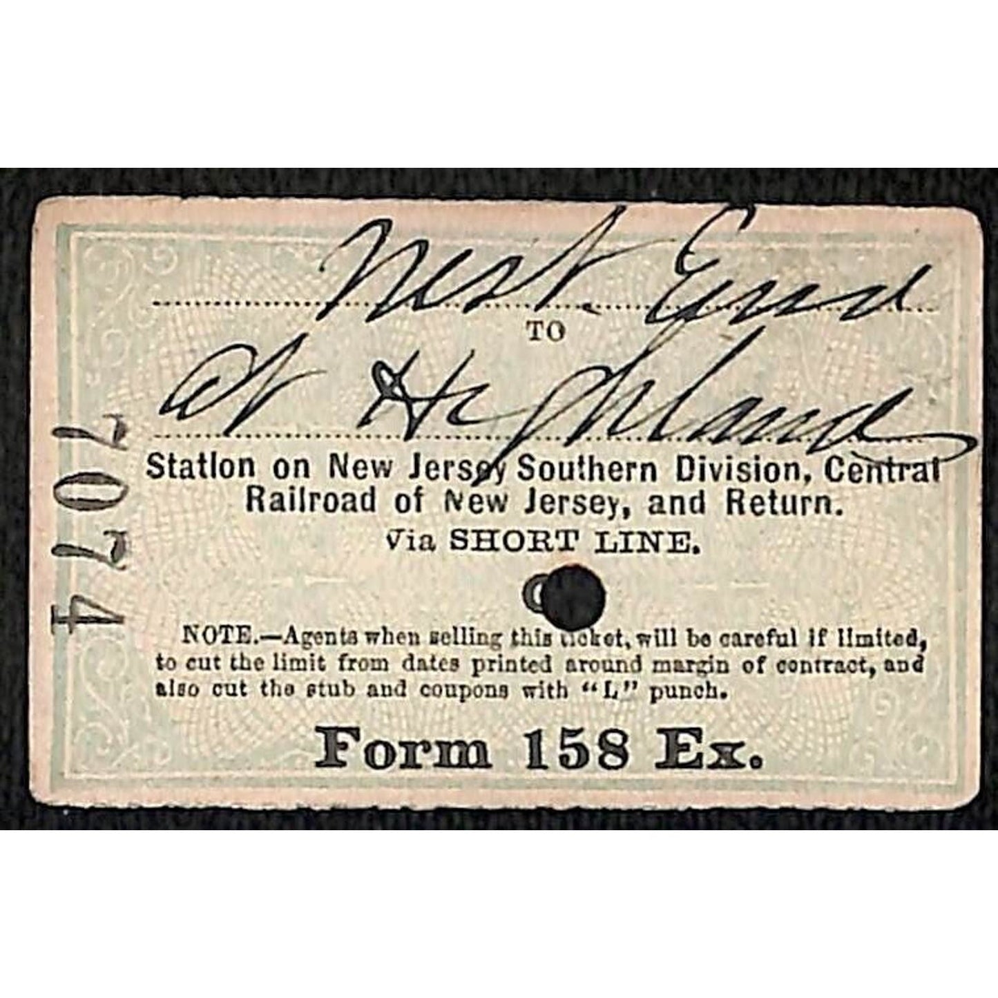 New York & Long Branch Railroad 1896 Write-In Ticket North Asbury Park #7074