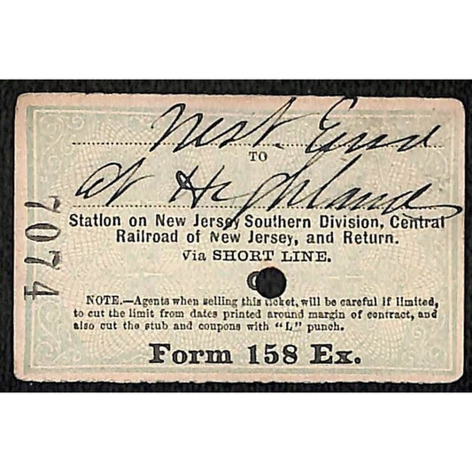 New York & Long Branch Railroad 1896 Write-In Ticket North Asbury Park #7074
