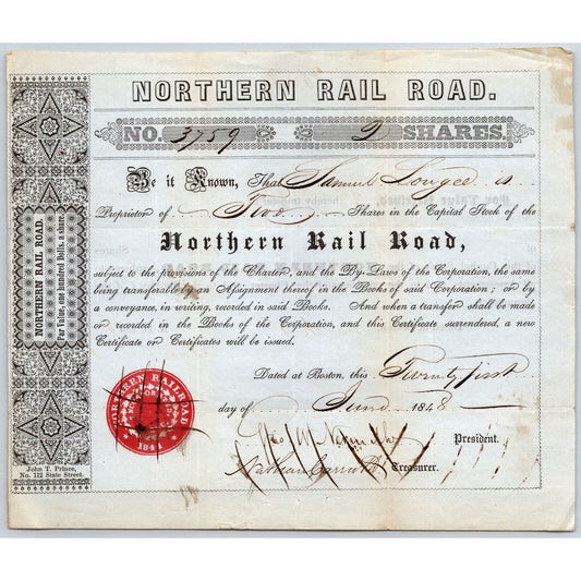1848 Boston, MA Northern Railroad Stock Certificate No. 3759 for 2 Shares