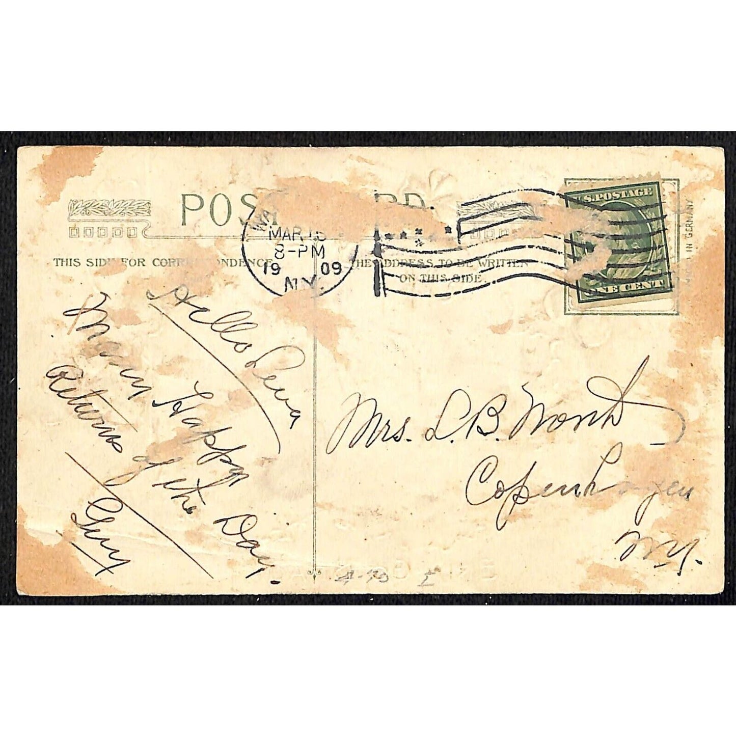 Irish Postcard Erin Go Bragh Village Home Scene Gilt Clovers Emb. PM 1909