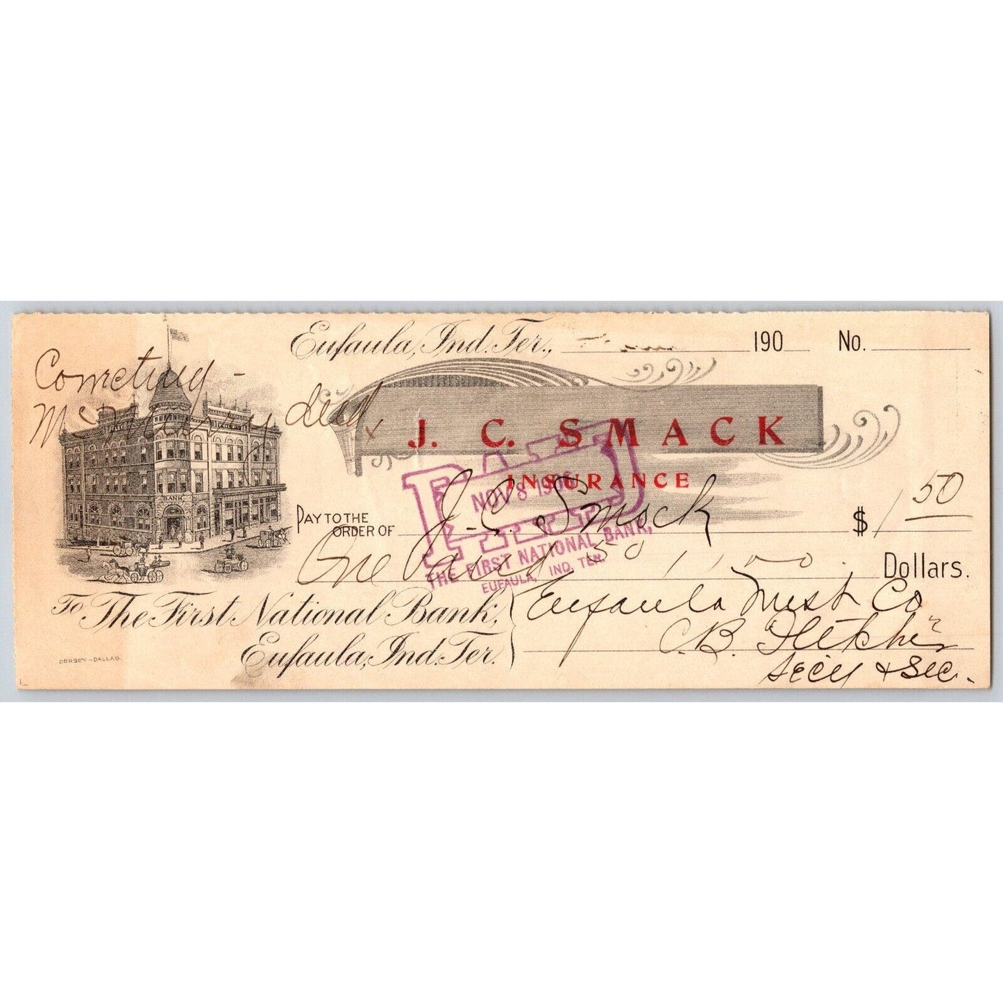 Eufaula Indian Territory / Oklahoma 1906 Bank Check J.C. Smock Insurance Scarce