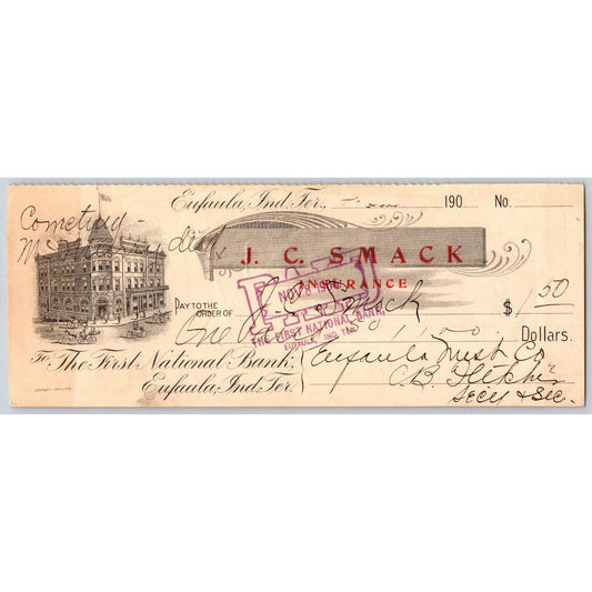 Eufaula Indian Territory / Oklahoma 1906 Bank Check J.C. Smock Insurance Scarce