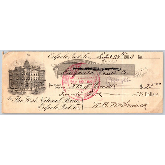 Eufaula Indian Territory Oklahoma 1903 FNB Check w/ Building Vignette