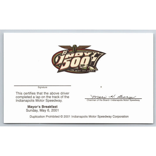 2001 Indy 500 Mayor's Breakfast / Lap Completion Unused Card Indianapolis IMS