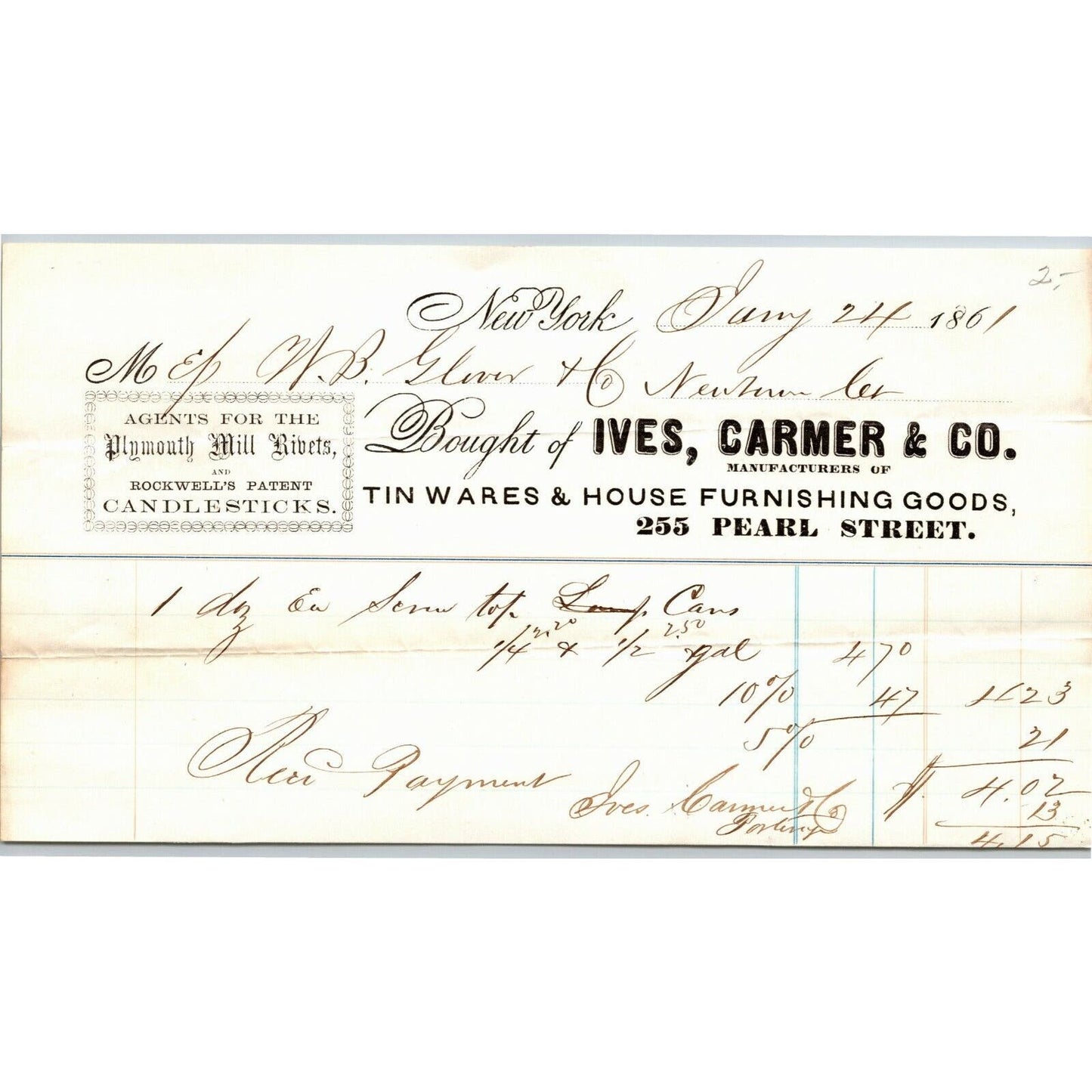 Ives, Carmer & Co. NY to Glover, Warner & Clarke Sandy Hook Letterhead 1861