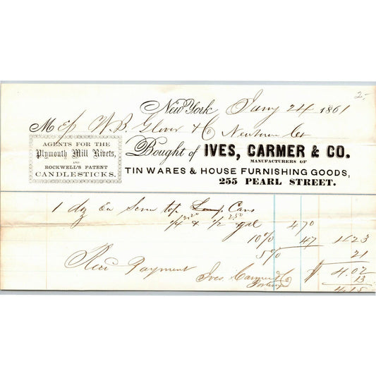 Ives, Carmer & Co. NY to Glover, Warner & Clarke Sandy Hook Letterhead 1861