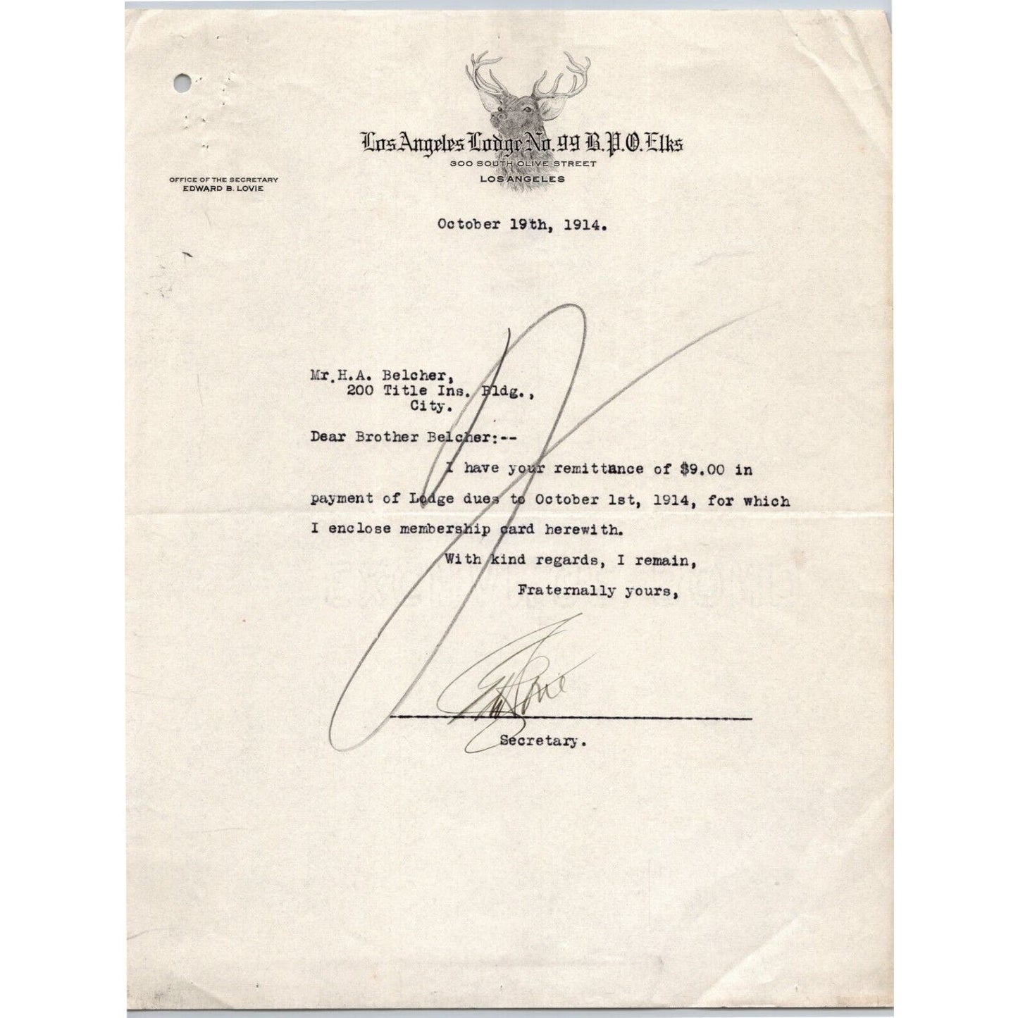 Los Angeles Lodge No. 99 B.P.O Elks 1914 Letterhead re: $9 Lodge Dues Payment
