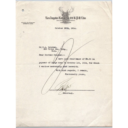 Los Angeles Lodge No. 99 B.P.O Elks 1914 Letterhead re: $9 Lodge Dues Payment