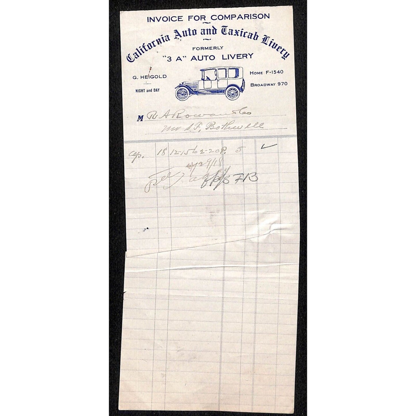 California Auto and Taxicab Livery April 18 1918 Billhead Letterhead R.A. Rowan