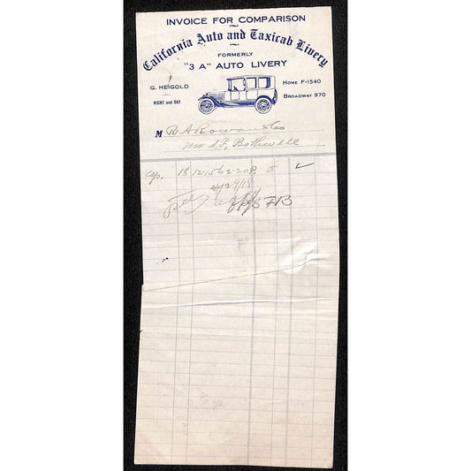 California Auto and Taxicab Livery April 18 1918 Billhead Letterhead R.A. Rowan